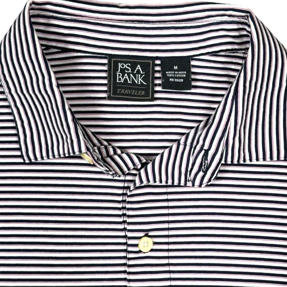JOS A Bank Traveler Polo Shirt Mens M Navy White Pink Preppy Microstripe Cotton - Picture 2 of 7